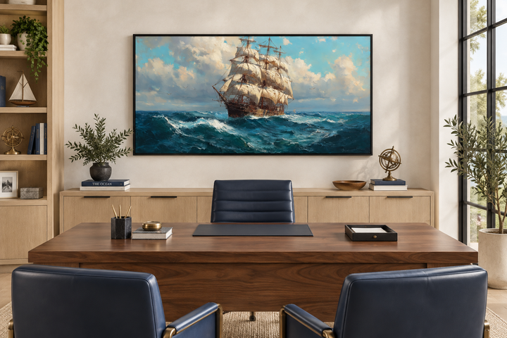 Sailing ship in stormy ocean framed canvas wall art hanging above a desk in a modern office.