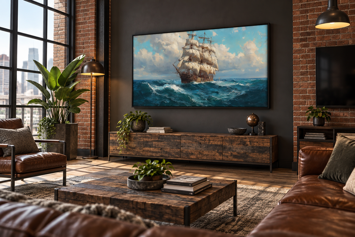 Sailing ship in stormy ocean framed canvas wall art above a wooden console in a modern living room.