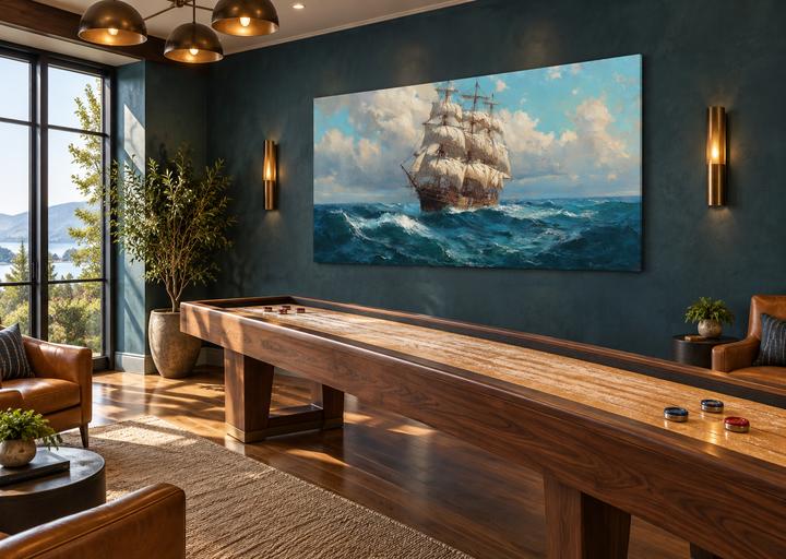 Sailing ship in stormy ocean framed canvas wall art above a shuffleboard table in a modern room.