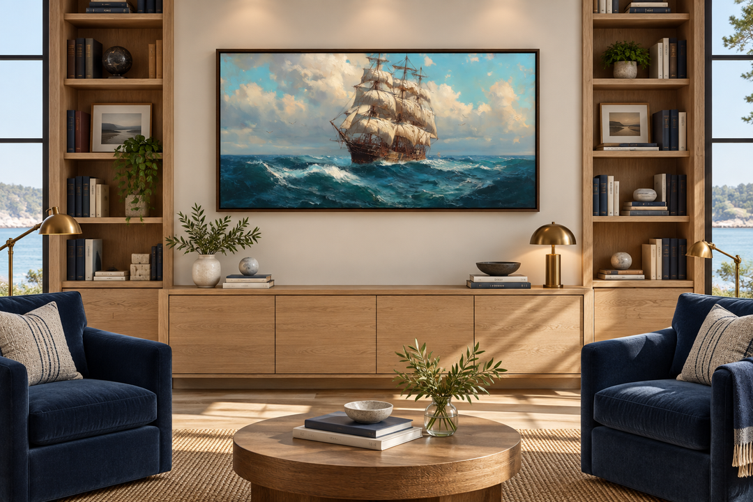 Sailing Ship In Stormy Ocean Framed Canvas Wall Art displayed above a wooden console in a library.