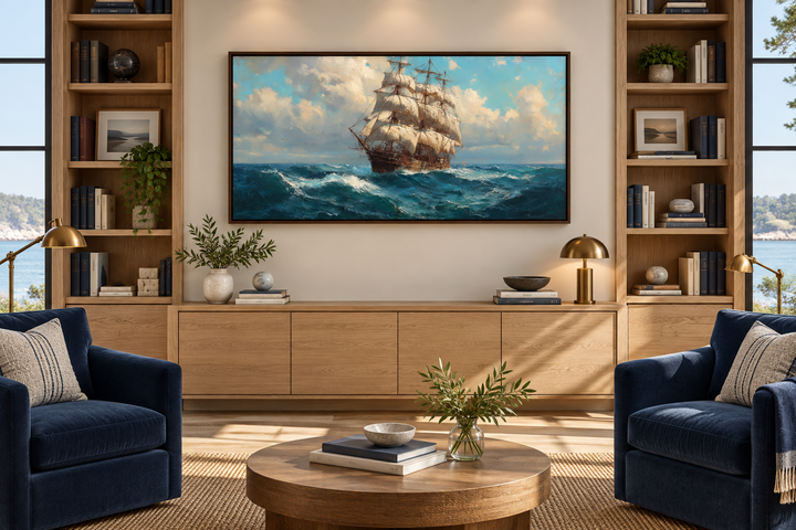 Sailing Ship In Stormy Ocean Framed Canvas Wall Art displayed above a wooden console in a library.
