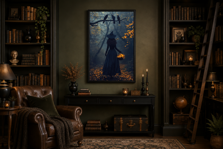 Witch in autumn forest with ravens moody Halloween wall art framed in a dark library setting.