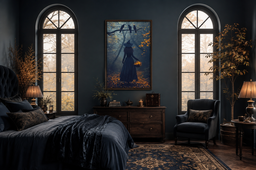 Framed wall art of a witch in a misty autumn forest with ravens, hanging in a moody bedroom.