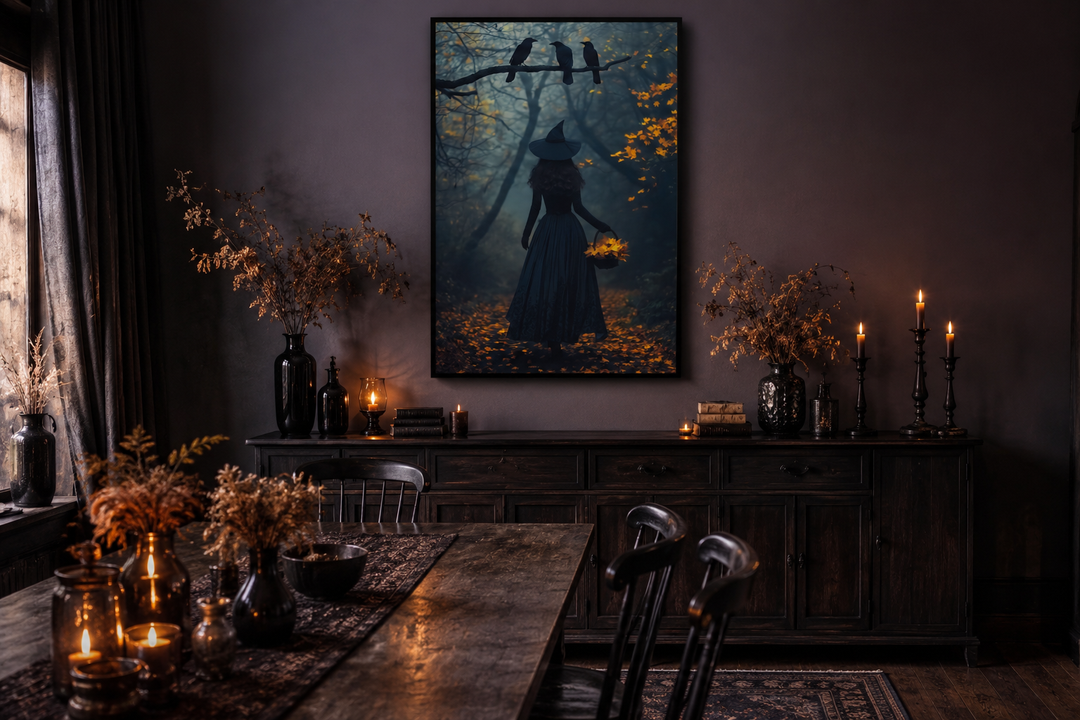 Witch in autumn forest with ravens moody Halloween wall art hanging in a dark, gothic dining room.