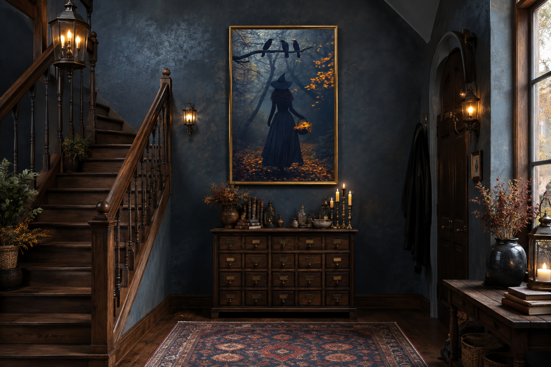 Framed moody Halloween wall art of a witch in a misty autumn forest with ravens on a dark blue wall.