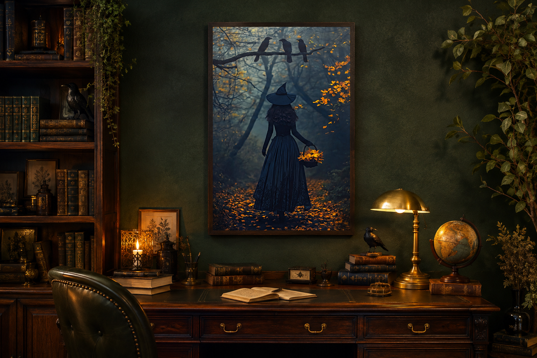 Framed moody Halloween wall art of a witch in an autumn forest with ravens above a vintage desk.