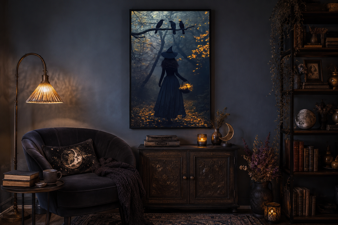 Framed moody Halloween wall art of a witch in an autumn forest with ravens above a dark wood cabinet.