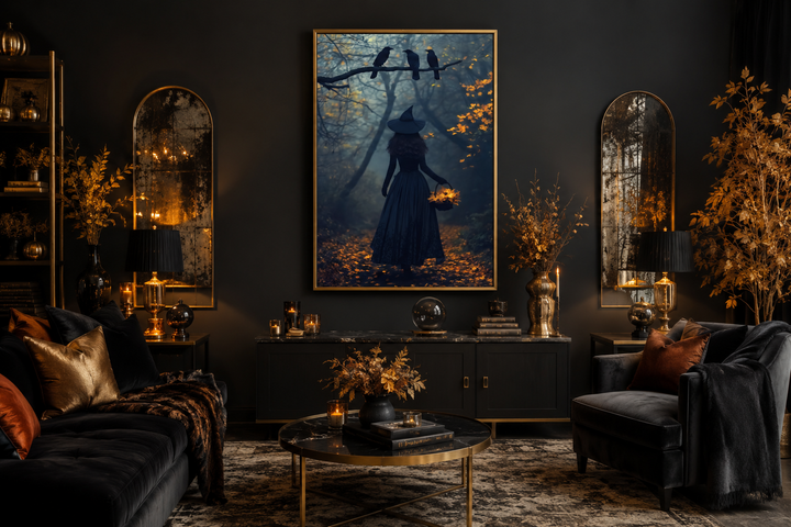 Framed wall art of a witch in a misty autumn forest with ravens, centered in a moody living room.