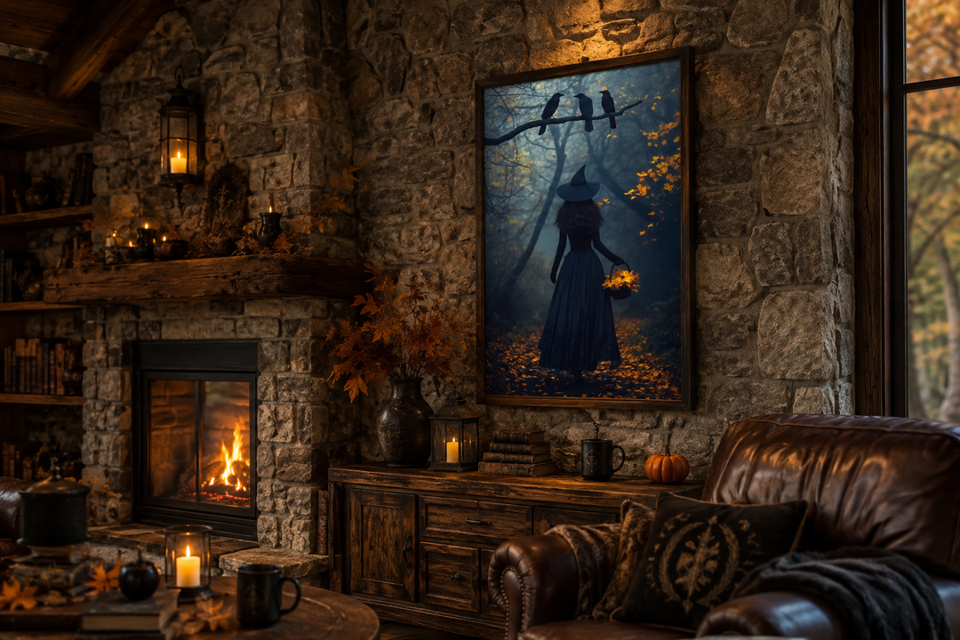 Framed wall art of a witch in a misty autumn forest with ravens, hung in a cozy stone room.