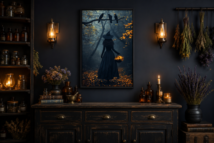 Framed wall art of a witch in a misty autumn forest with ravens, displayed in a moody room.