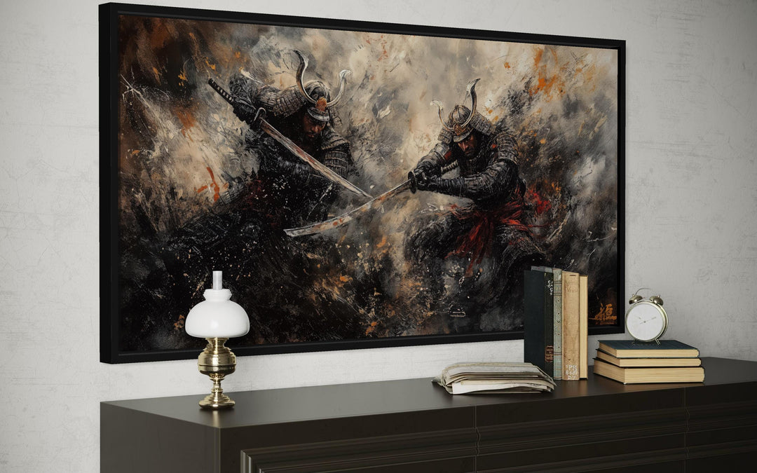 Samurai duel wall art featuring two Japanese warriors in a dramatic battle scene on canvas.