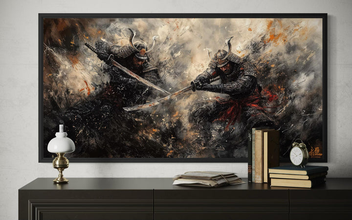 Samurai duel wall art featuring two Japanese warriors in a dramatic battle scene on canvas.