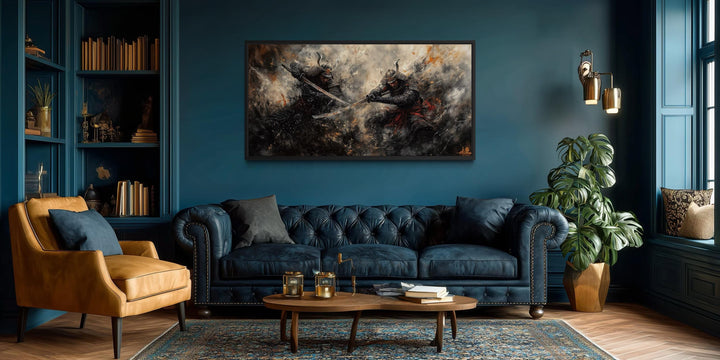 A wide canvas of two samurai dueling in a dark, dramatic battle scene hangs in a moody living room.