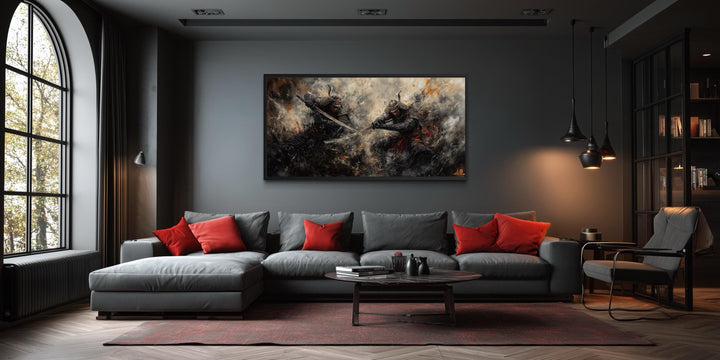 Samurai duel wall art featuring a dramatic battle scene on canvas in a modern living room.