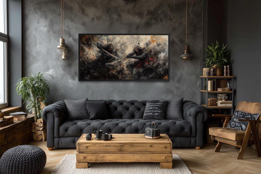 Samurai Duel Wall Art featuring a dramatic battle scene on canvas in a dark, modern living room.