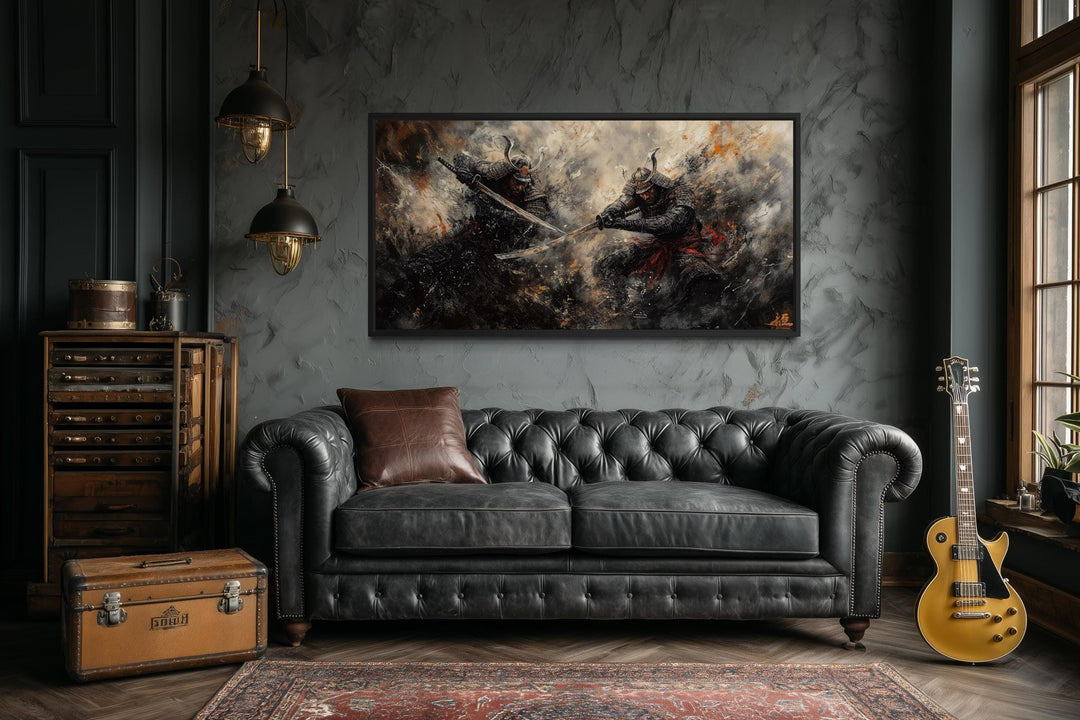 Samurai Duel Wall Art featuring two Japanese warriors in a dramatic battle scene on a dark wall.