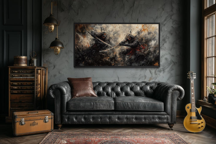 Samurai Duel Wall Art featuring two Japanese warriors in a dramatic battle scene on a dark wall.
