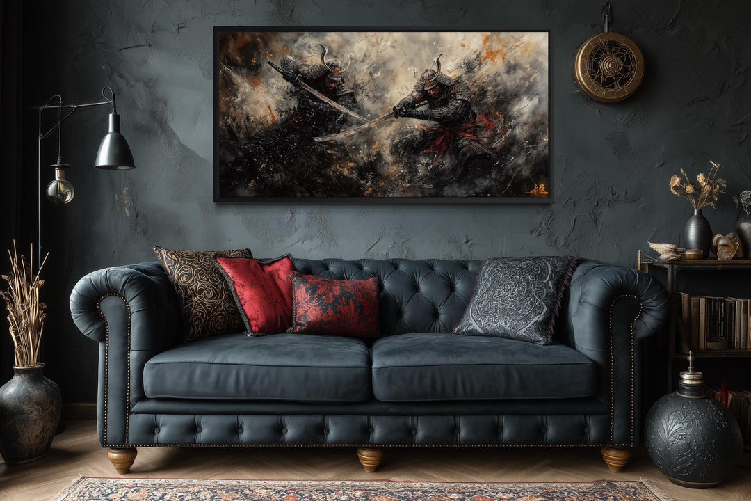 Samurai Duel Wall Art featuring two Japanese warriors in a dramatic battle scene above a dark sofa.