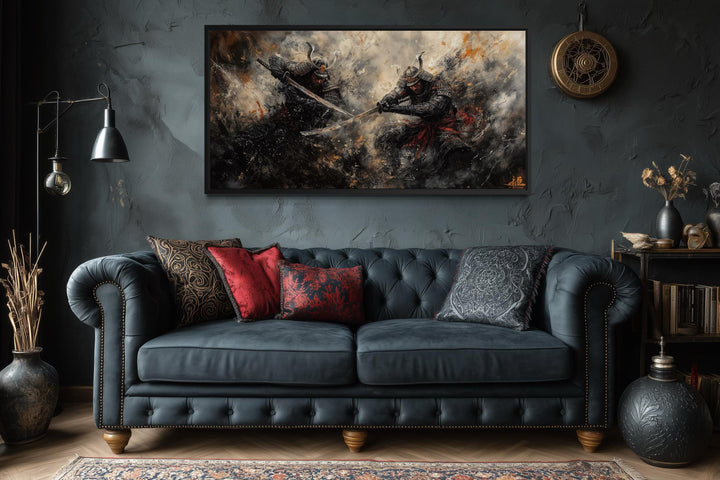 Samurai Duel Wall Art featuring two Japanese warriors in a dramatic battle scene above a dark sofa.