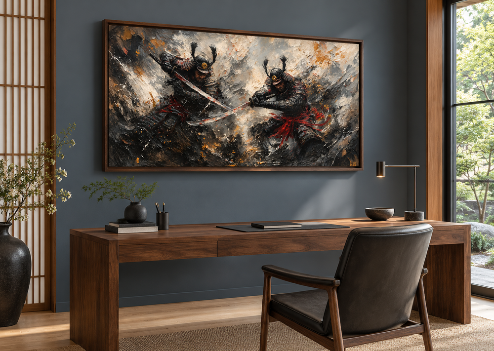 Samurai Duel Wall Art: Japanese warrior canvas with a dark dramatic battle scene in a walnut frame.