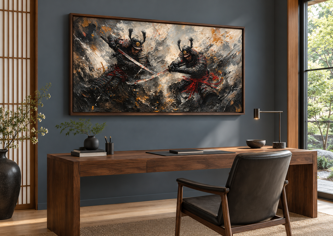 Samurai Duel Wall Art: Japanese warrior canvas with a dark dramatic battle scene in a walnut frame.