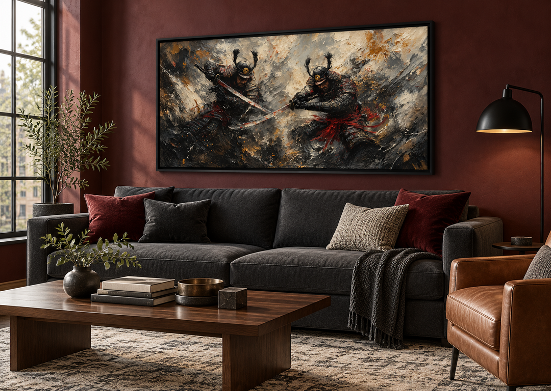 Samurai Duel Wall Art: Japanese warrior canvas with a dark dramatic battle scene in a black frame.