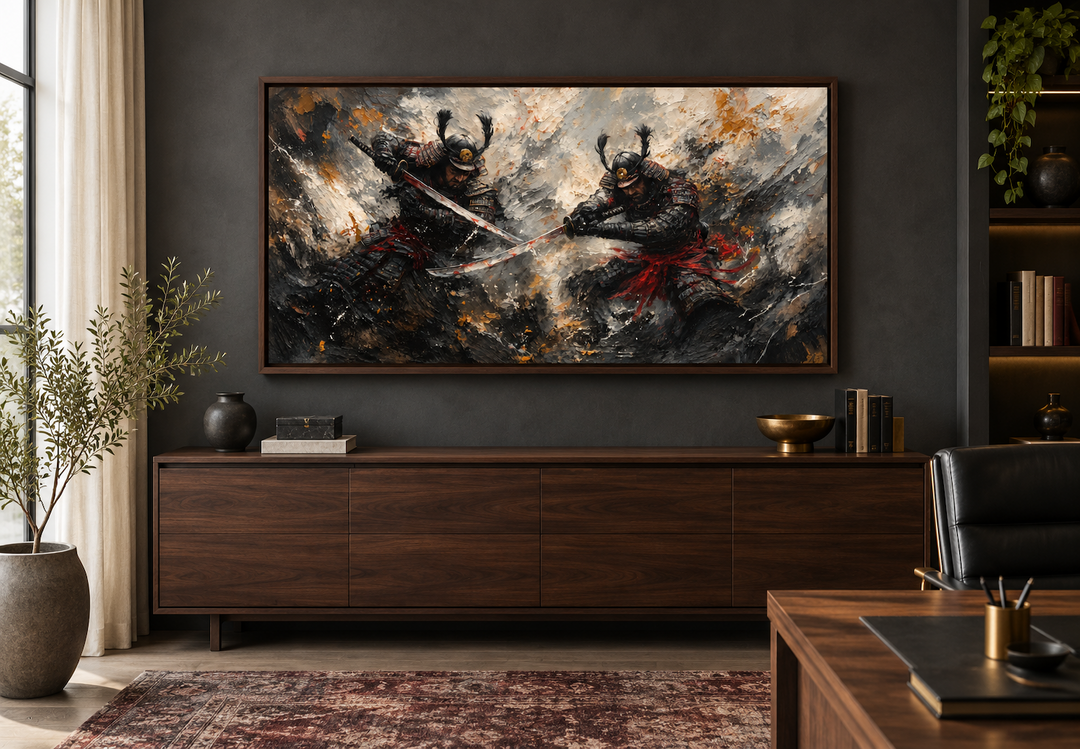 Samurai duel wall art in a walnut frame above a dark wood sideboard in a modern home office.