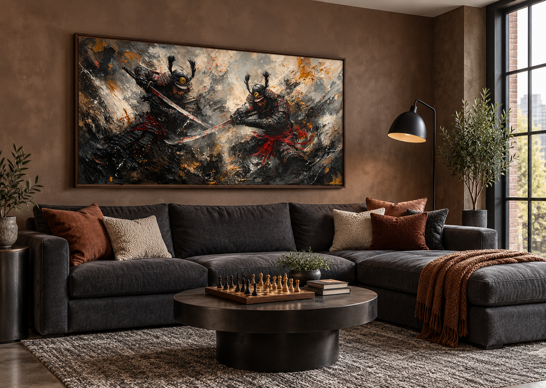 Samurai Duel Wall Art: Japanese warrior canvas with a dark dramatic battle scene in a living room.