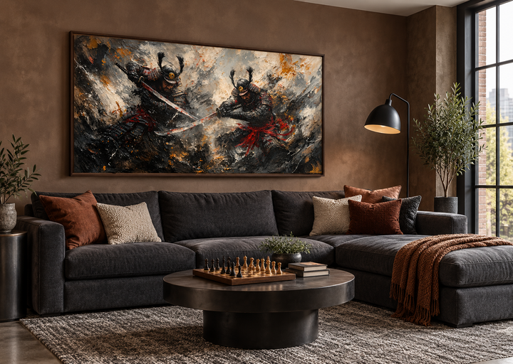 Samurai Duel Wall Art: Japanese warrior canvas with a dark dramatic battle scene in a living room.