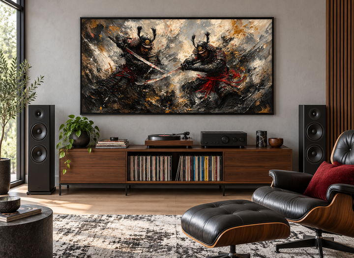Samurai Duel Wall Art: Japanese warriors in a dramatic battle scene on a wide canvas above a console.