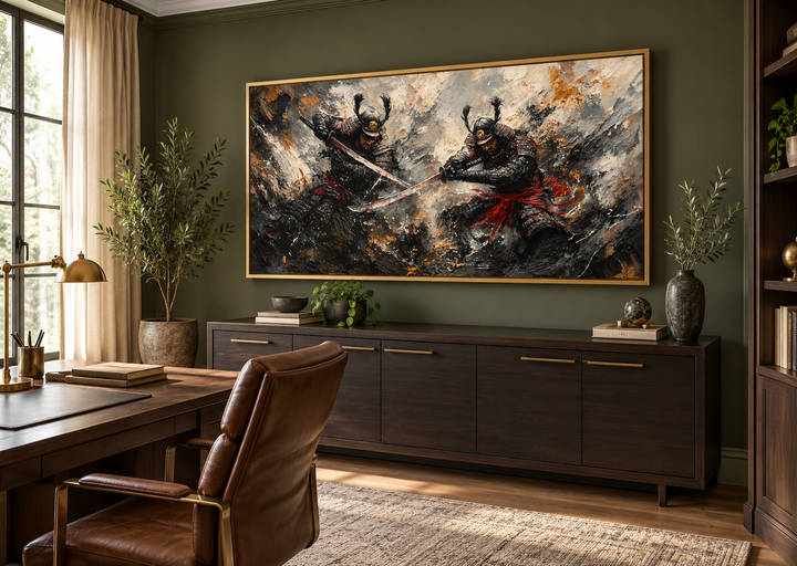 Samurai Duel Wall Art: Japanese warrior canvas with a dark battle scene in a gold frame.
