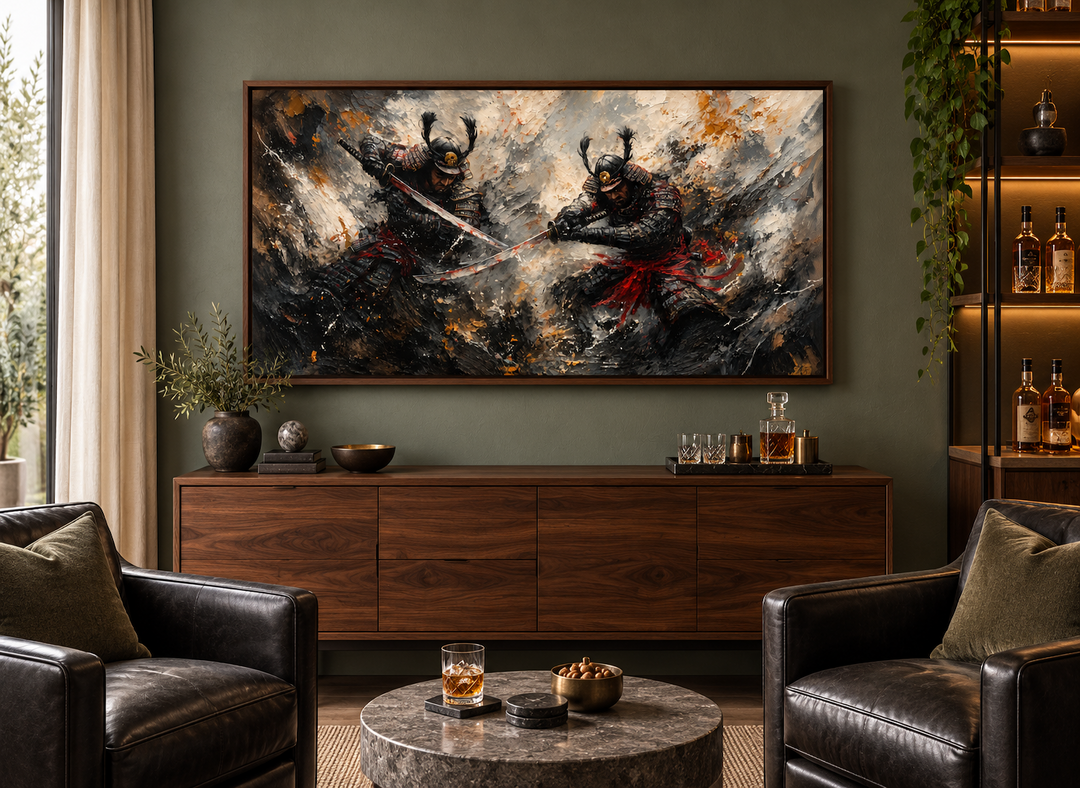 Samurai Duel Wall Art featuring two Japanese warriors in a dramatic battle scene on a dark canvas.