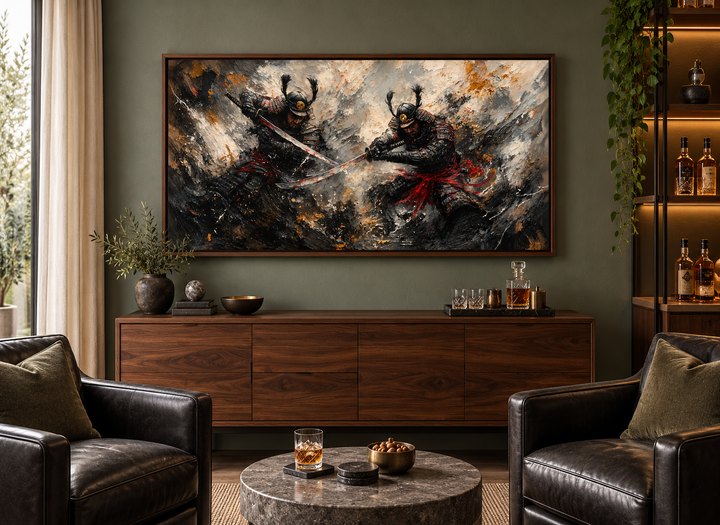 Samurai Duel Wall Art featuring two Japanese warriors in a dramatic battle scene on a dark canvas.