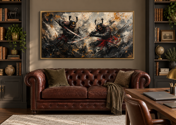Samurai Duel Wall Art: A wide canvas of two Japanese warriors in a dramatic battle scene.