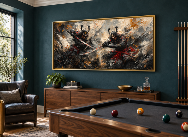 Samurai Duel Wall Art in a gold frame above a wooden console in a dark teal room with a pool table.
