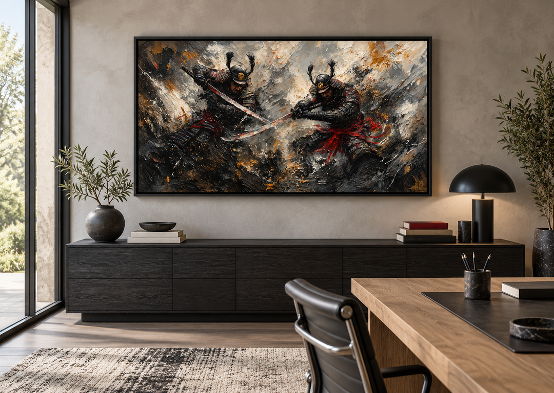 Samurai Duel Wall Art: A dramatic Japanese warrior canvas in a black frame above a dark sideboard.