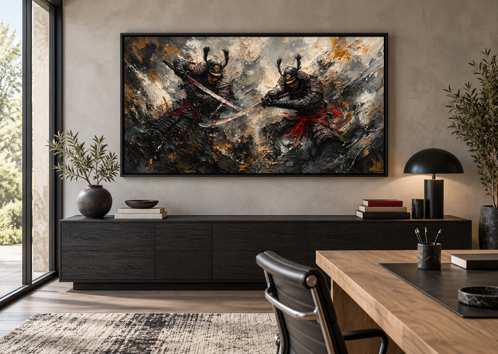 Samurai Duel Wall Art: A dramatic Japanese warrior canvas in a black frame above a dark sideboard.
