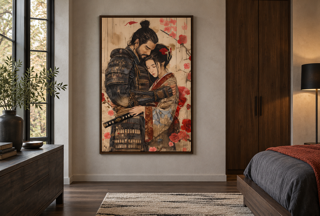 Framed Ukiyo-e style wall art of a samurai and geisha in a romantic embrace on a bedroom wall.