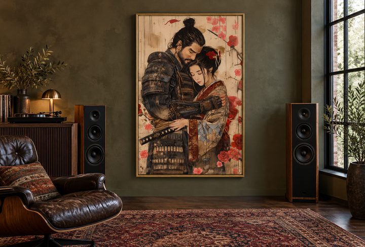 Ukiyo-e style framed canvas art of a samurai and geisha in a romantic embrace on a green wall.
