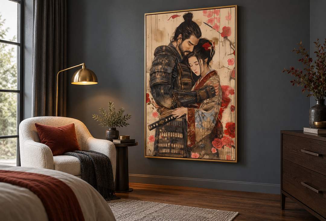 Ukiyo-e style framed wall art of a samurai and geisha in a romantic embrace on a dark gray wall.