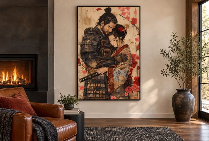 Ukiyo-e style wall art of a samurai and geisha in a romantic embrace, framed above a fireplace.