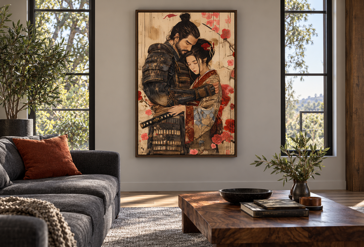 Ukiyo-e style wall art of a samurai and geisha in a romantic embrace, framed in a modern room.