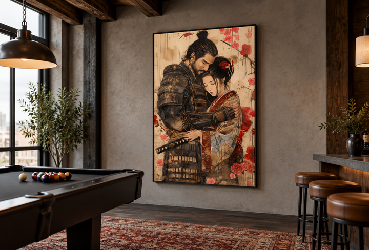 Framed Ukiyo-e style wall art of a samurai and geisha in a romantic embrace on a gray wall.