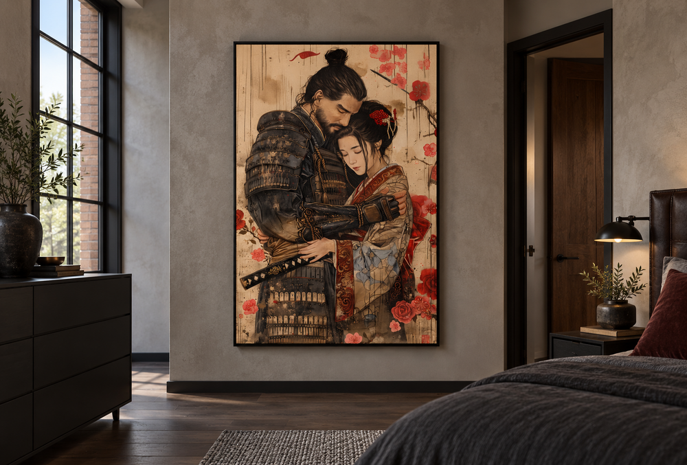 Ukiyo-e style framed wall art of a samurai and geisha in a romantic embrace on a bedroom wall.