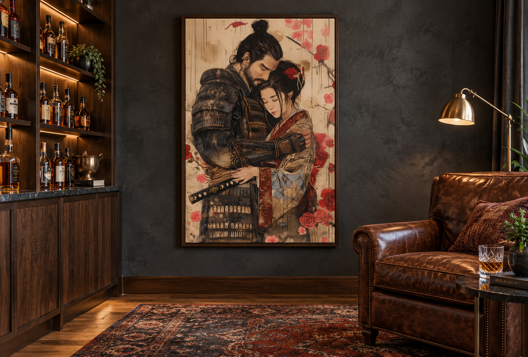 Ukiyo-e style framed canvas art of a samurai and geisha in a romantic embrace on a dark wall.