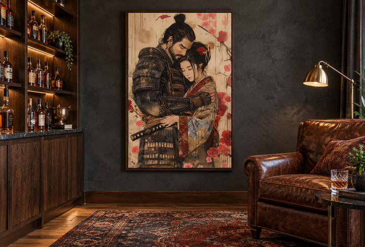 Ukiyo-e style framed canvas art of a samurai and geisha in a romantic embrace on a dark wall.