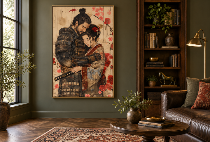 Framed Ukiyo-e style canvas print of a samurai and geisha in a romantic embrace on an olive wall.