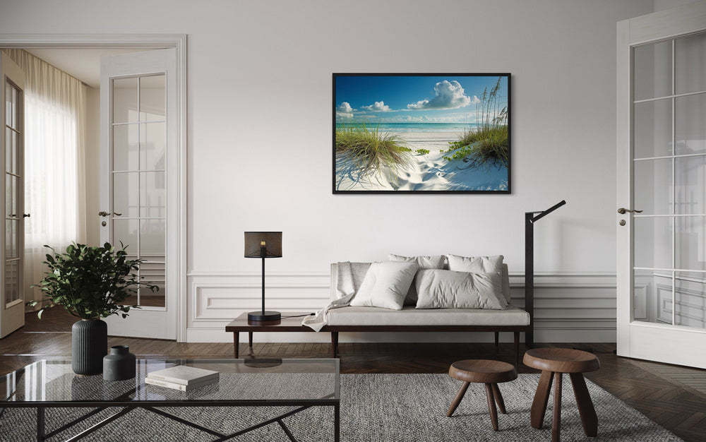 Sand Dunes And Grass On The Beach Costal Framed Canvas Wall Art