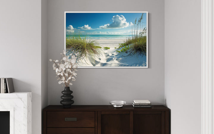 Sand Dunes And Grass On The Beach Costal Framed Canvas Wall Art