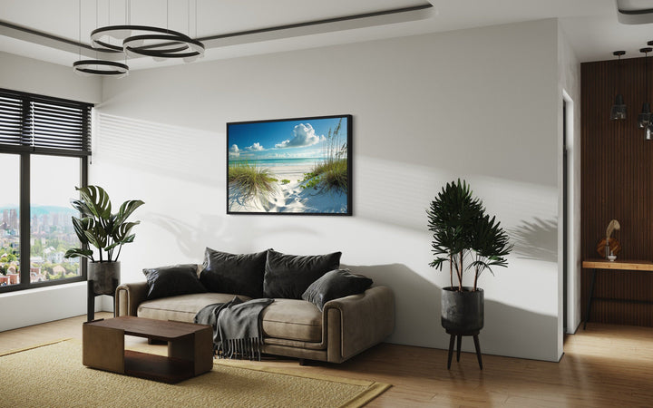 Sand Dunes And Grass On The Beach Costal Framed Canvas Wall Art